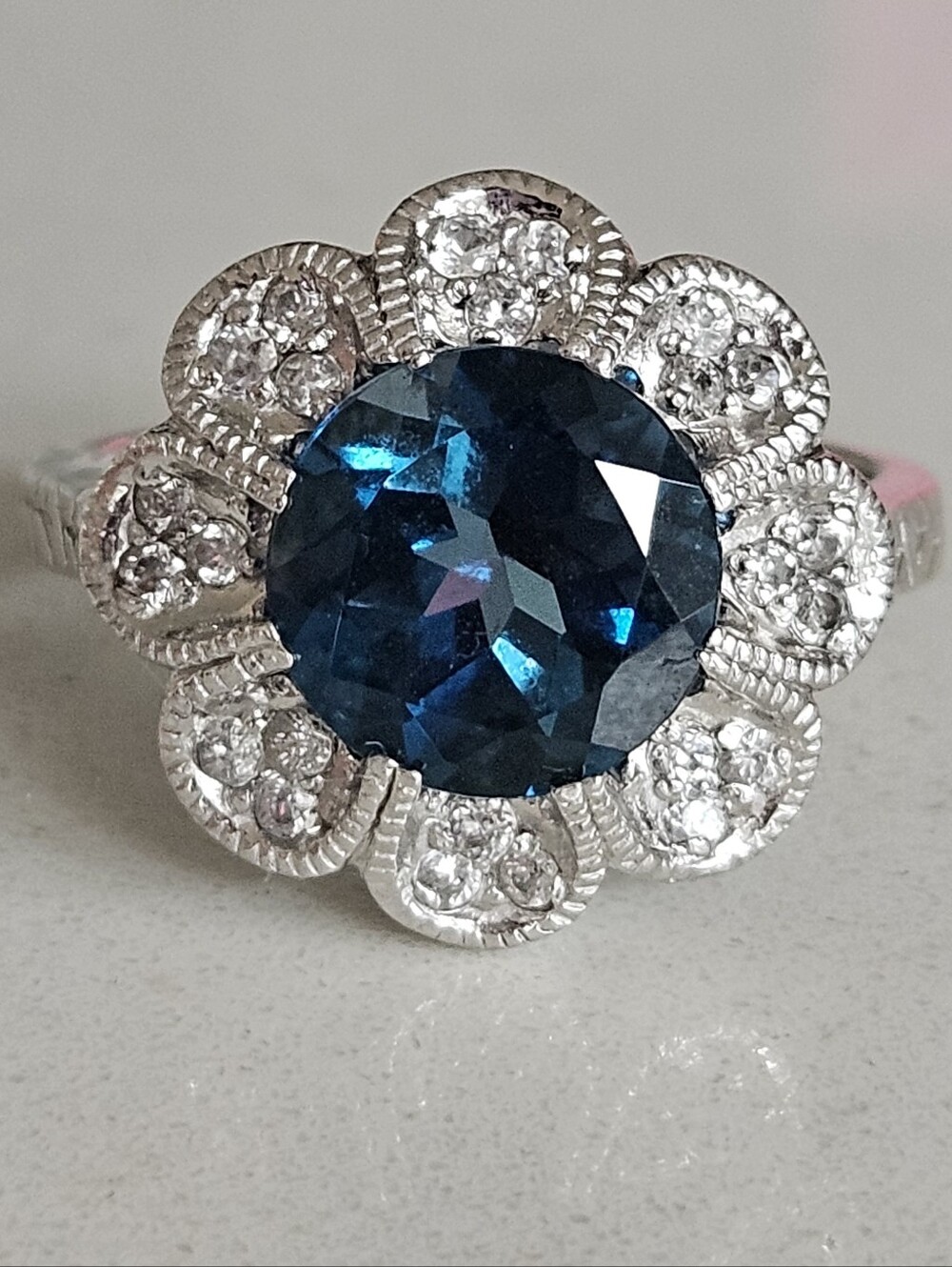 Natural 3.5ct London Blue Topaz Flower Ring White Topaz Accents Sterling Silver